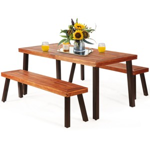 Tangkula 3-Piece Outdoor Acacia Wood Picnic Dining Table and Stool Set with Umbrella Hole - 1 of 4