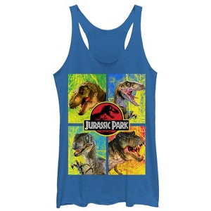 Women's Jurassic Park T. Rex and Velociraptor Racerback Tank Top - 1 of 3
