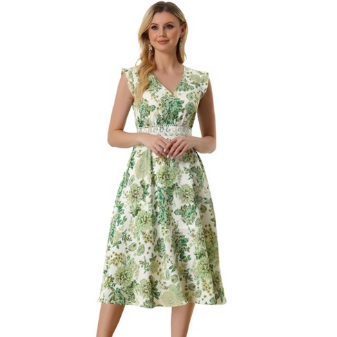 Allegra K Women's Regular Fit V Neck Lace Insert Waist Midi Floral ...