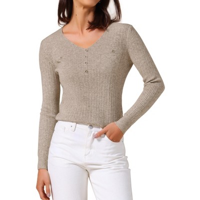 INSPIRE CHIC Women's Long Sleeve V Neck Button Decor Elegant Ribbed Knit Tops