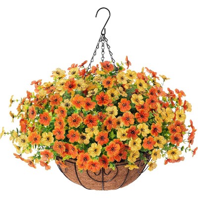 Artificial Faux Hanging Plants Flowers Basket for autumn Outdoor Outside Decoration, Fake Silk UV Sun Resistant Look Real Colorful Daisy Eucalyptus