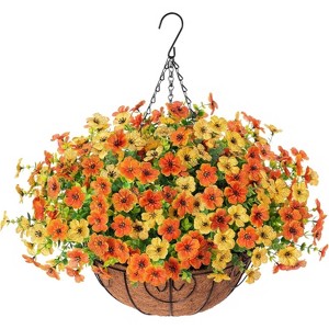 Artificial Faux Hanging Plants Flowers Basket for autumn Outdoor Outside Decoration, Fake Silk UV Sun Resistant Look Real Colorful Daisy Eucalyptus - 1 of 4