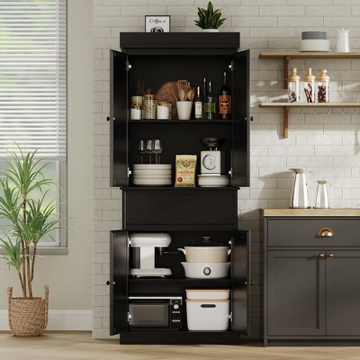 Tall Black MDF Kitchen Pantry Cabinet with Rattan Doors