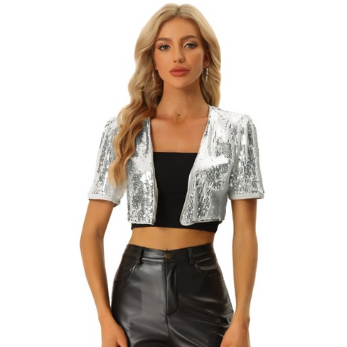 Allegra K Women's Puff Short Sleeve Open Front Party Crop Sequin Cardigan  Silver Large : Target