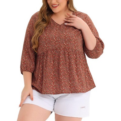Agnes Orinda Women's Plus Size V Neck Babydoll 3/4 Lantern Sleeve Casual Floral Flowy Blouses