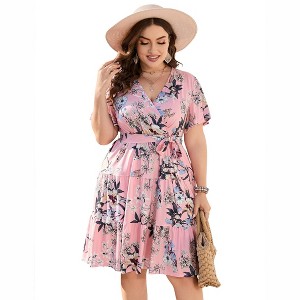 Clearlove Summer Plus Size V Neck Wrap Dress High Waisted Short Sleeves Summer Casual Midi Dress with Belt - 1 of 4