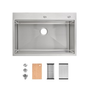 Stainless Steel Kitchen Sink, 33¡åx22¡å Single Bowl, Overmount Handmade Sink in Brushed, with Cutting Board, Colander, SS-BR01D-332208 - 1 of 1
