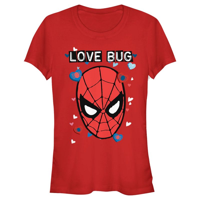 Juniors Womens Marvel Spider-Man Candy Heart Love Bug T-Shirt, 1 of 5