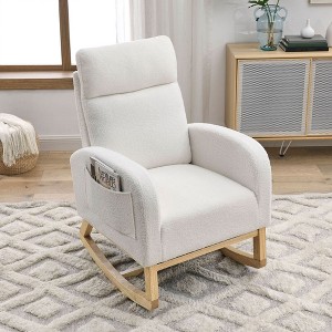 Modern Nursery Rocking Chair, Upholstered Glider Rocker with Side Pocket, Teddy Fabric Accent Armchair, Comfy Reading Chair for Living Room Bedroom - 1 of 4