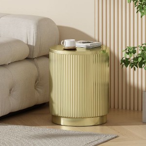 Modern Gold Cylindrical Outdoor End Table – Vertical Stripe Metal Accent Table for Patio or Indoor Use, Patio End Tables -Christopher Knight Home - 1 of 4