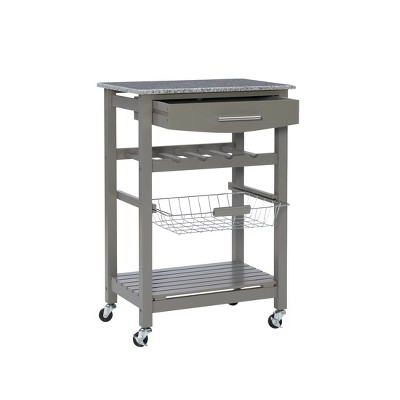 Gray Granite Top Kitchen Cart with Wine and Spice Rack
