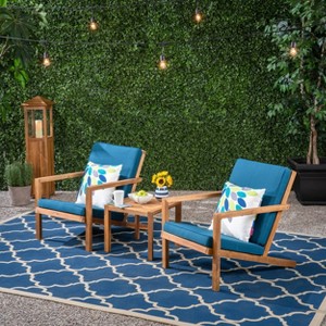 Leah 3pc Acacia Wood Chat Set: Outdoor Seating with Cushions - Christopher Knight Home - 1 of 4
