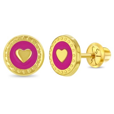 Girls' Round Pink Heart Screw Back 14k Gold Earrings - In Season Jewelry