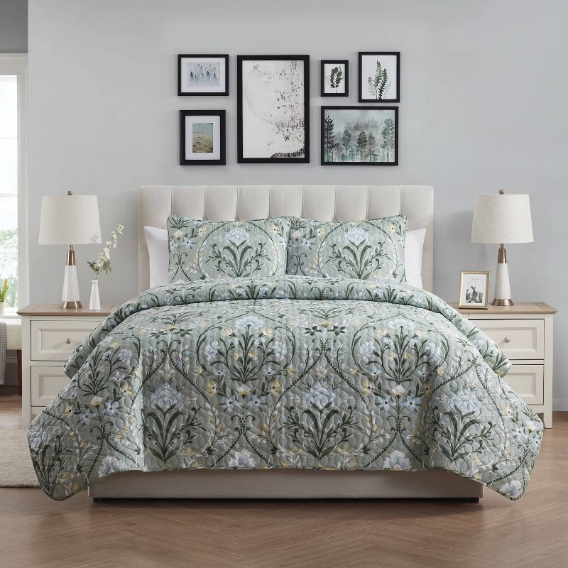 VCNY 3pc Home Province Green Floral Damask Printed Quilt Set Green, 1 of 7