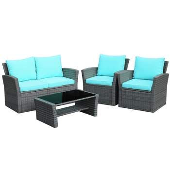 Tangkula 4-Piece Rattan Wicker Patio Outdoor Furniture Sofa Set with Cushions & Tempered Glass Table