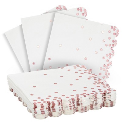 Blue Panda 50 Pack Scalloped White & Rose Gold Napkins for Birthday, Foil Polka Dotted for Holiday Party, 3 Ply, 6.3 in