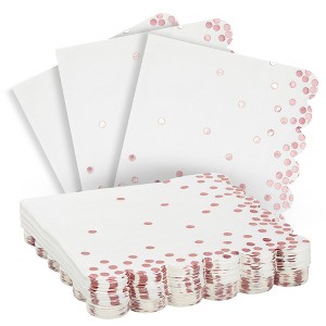 Blue Panda 50 Pack Scalloped White & Rose Gold Napkins for Birthday, Foil Polka Dotted for Holiday Party, 3 Ply, 6.3 in - 1 of 4