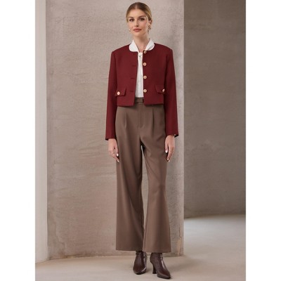 INSPIRE CHIC Women's Tweed Collarless Button Down Cropped Long Sleeve Office Work Jacket Blazer Large Dark Red — фото 2