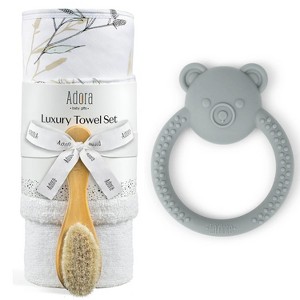 La’dore Baby Towel & Silicone Teether Gift Set – Soft Hooded Towel, Washcloth & Baby Brush With Silicone Bear Teether – Newborn Essentials, BPA-Free - 1 of 4