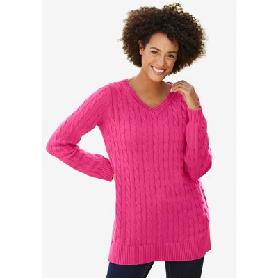 Woman Within Plus Size Cable Knit V-Neck Pullover Sweater