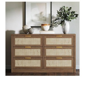 Dark Wood 6 Drawer Dresser For Bedroom, 52.7" Wide Rattan Dresser, Wooden With Gold Handles, Farmhouse Tv Stand Entryway Table, Modern Chest Of Drawe - 1 of 4