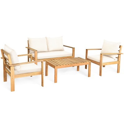 Tangkula 4PCS Patio Acacia Wood Conversation Furniture Set w/ Off White Cushions