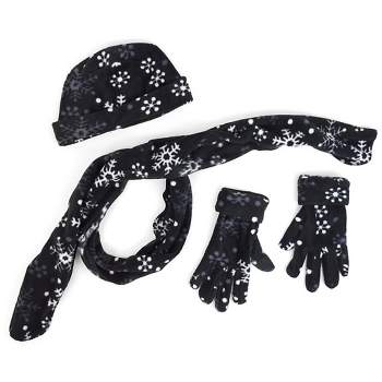 Women's Black Fleece Snow Flake 3-Piece Gloves Scarf Hat Winter Set