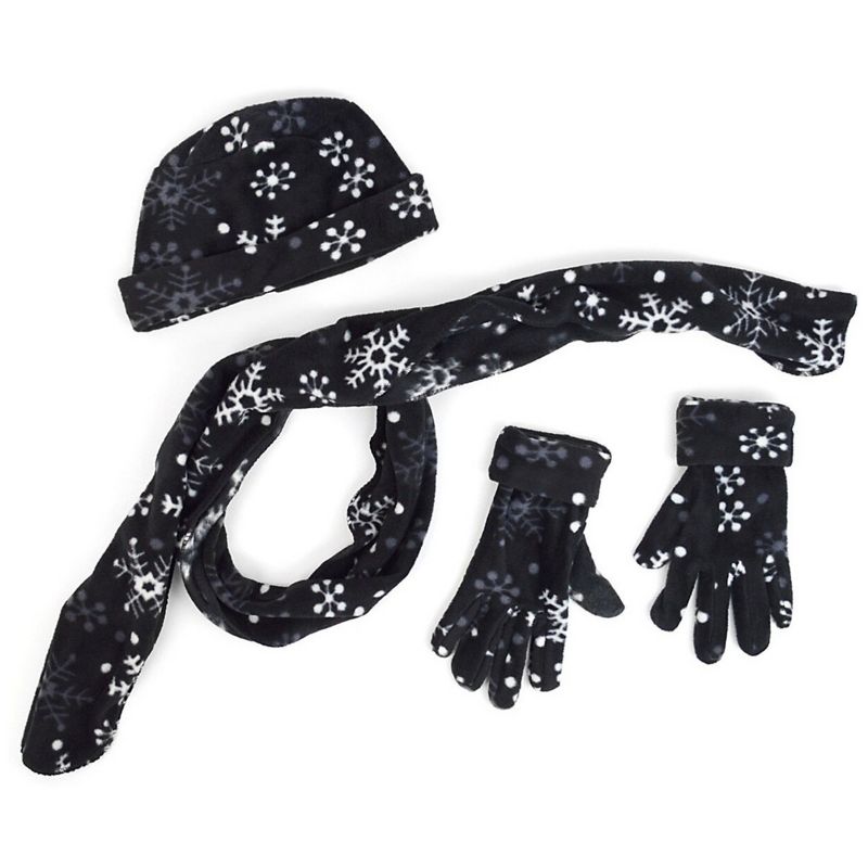Women's Black Fleece Snow Flake 3-Piece Gloves Scarf Hat Winter Set, 1 of 5