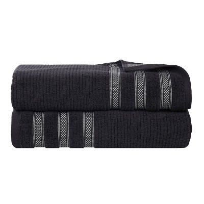 Zero Twist Cotton Ribbed Modern Geometric Border Bath Sheet Set of 2 by Blue Nile Mills