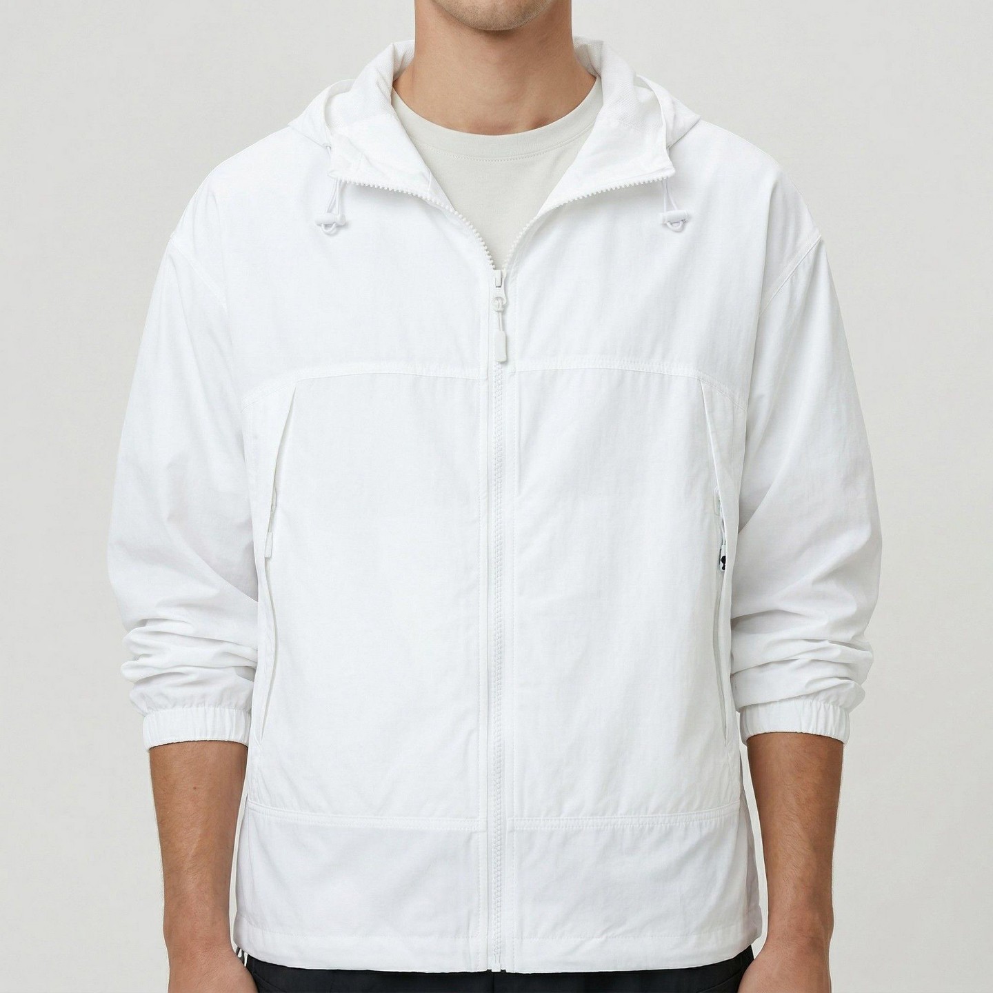 Мужская куртка Alilang Lightweight Hooded Windbreaker Jacket with Full Zip Closure Elastic Cuffs and Adjustable Hem Design - Large, White, цвет: Белый — фото 3