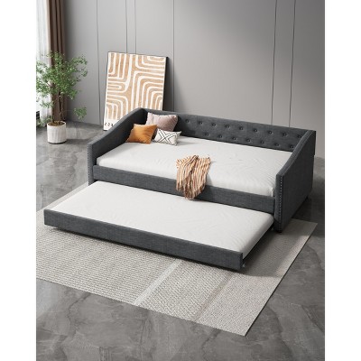 NicBex 81.1" Twin Sized Day Bed Upholstered Daybed with Trundle and Tufted Button and Copper Nail for Living Rooms