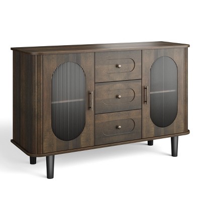 47" Sideboard Buffet Cabinet with Fluted Glass Doors & 3 Drawers, Mid-Century Credenza with Adjustable Shelves for Kitchen, Dining Room