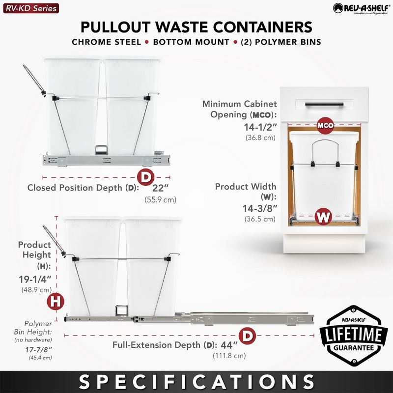 Rev-A-Shelf RV-18KD Series 35-Quart Kitchen Cabinet Pullout Waste Container, 5 of 8