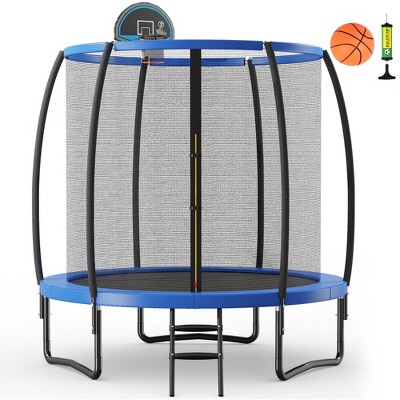 Costway 8 FT Recreational Trampoline W/ Basketball Hoop Safety Enclosure Net Ladder