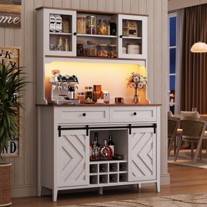 72" Farmhouse Bar Cabinet w/ Sliding Barn Door - Rustic LED-Backlit Coffee/Wine Buffet w/ 2-Drawer/8-Shelf Hutch - 1 of 4