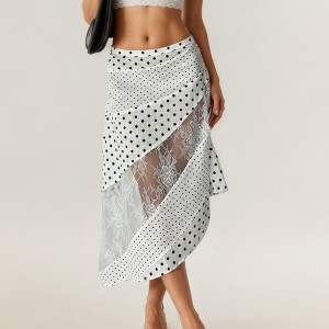 Anna-Kaci Women's Polka Dot and Lace Patchwork Midi Skirt with Asymmetrical Layered Panels and Soft Flowing Drape - 1 of 4