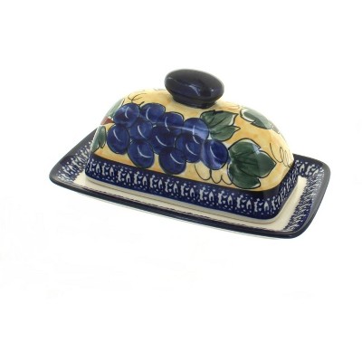 Blue Rose Polish Pottery Grapes Butter Dish with Cobalt Trim