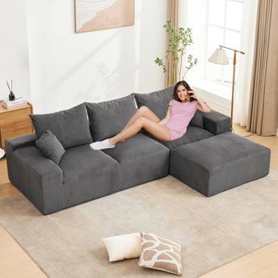 GustoWave 110" Modular Sectional Couches for Living Room, Cloud Corduroy 3-Seater Boneless Couch with Chaise, No Assembly Required
