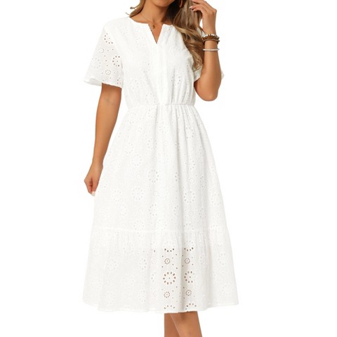 Женские платья INSPIRE CHIC Women's Lace Eyelet Summer V Neck Short Flutter Sleeve Flowy Beach A Line Midi Dress X-Large White