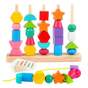 Etokfoks Montessori Wooden Beads Sequencing Toy Set 36 Piece Stacking Blocks Lacing Beads Matching Shape Stacker for Kids Ages 2 to 5 - 1 of 4