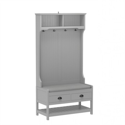 Grungis Freestanding Coat Racks with 2 Storage Drawers and Padded Seat Cushion,Hall Tree with 4 Hooks,Entryway Furniture for Hanging Clothes