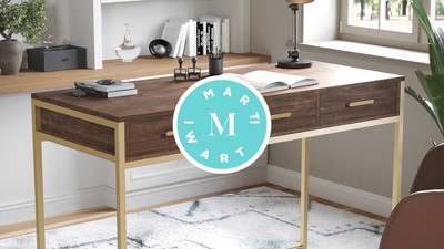 Walnut and Brass Modern Home Office Desk with Drawers