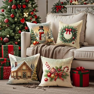 Christmas Pillow Covers 18x18 inch Set of 4, Holiday Winter Outdoor Vintage Tree Snowflake Xmas Snowman - 1 of 3