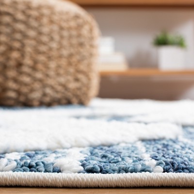 Blue and Ivory Diamond Shag Area Rug with Braided Tassels