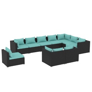 vidaXL Poly Rattan Patio Lounge Set, 10-Piece Black Outdoor Furniture Set with Water Blue Cushions, Water-Resistant, Modular Design, Optimal Comfort - 1 of 4