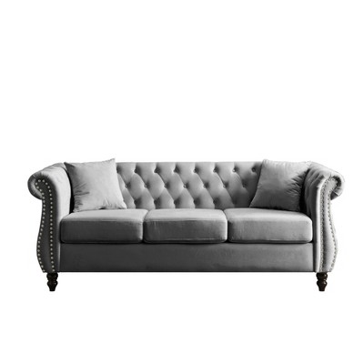 TiramisuBest 58.8" 2-Seater Tufted Velvet Sofa with Rolled Arms & Nailhead Trim, Black for Living Room,Bedroom & Office-2 Pillows