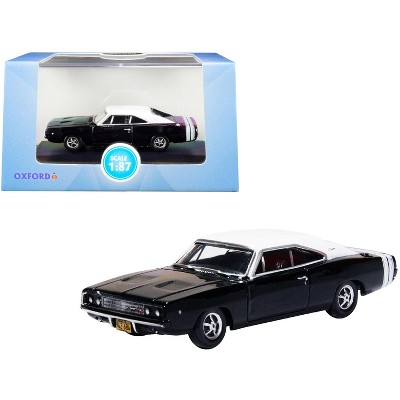 1968 Dodge Charger Black with White Top and White Stripes 1/87 (HO) Scale Diecast Model Car by Oxford Diecast