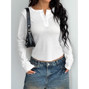 Womens Button Up Henley Tops Spring Fall Long Sleeve Casual Shirt - 1 of 1