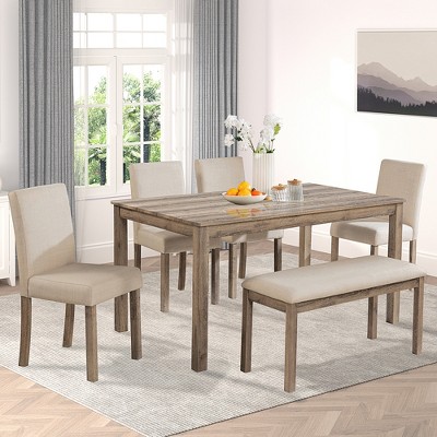 GDFStudio Thompson Rustic 6 Piece Rubberwood Rectangular Dining Table Set with 5 Upholstered Dining Chairs