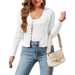 Plus Size Cardigan Cropped Rib Sweater Cardigan Wavy Placket V Neck Cardigan Front Button Down Sweater Cardigan XL-5X - 1 of 4
